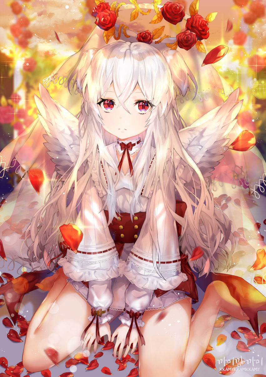 1girl, absurdres, angel, angel_wings, artist_name, barefoot, blurry, blurry_background
