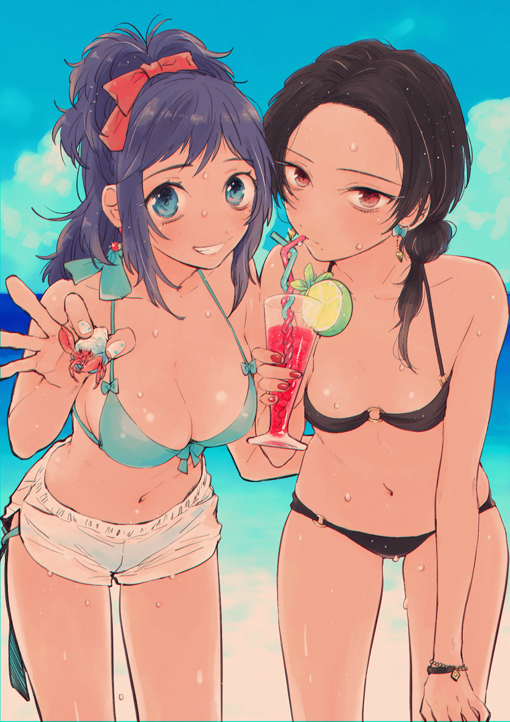 2girls, beach, bikini, bikini_top, black_bikini, blue_bikini_top, blue_eyes, blue_hair