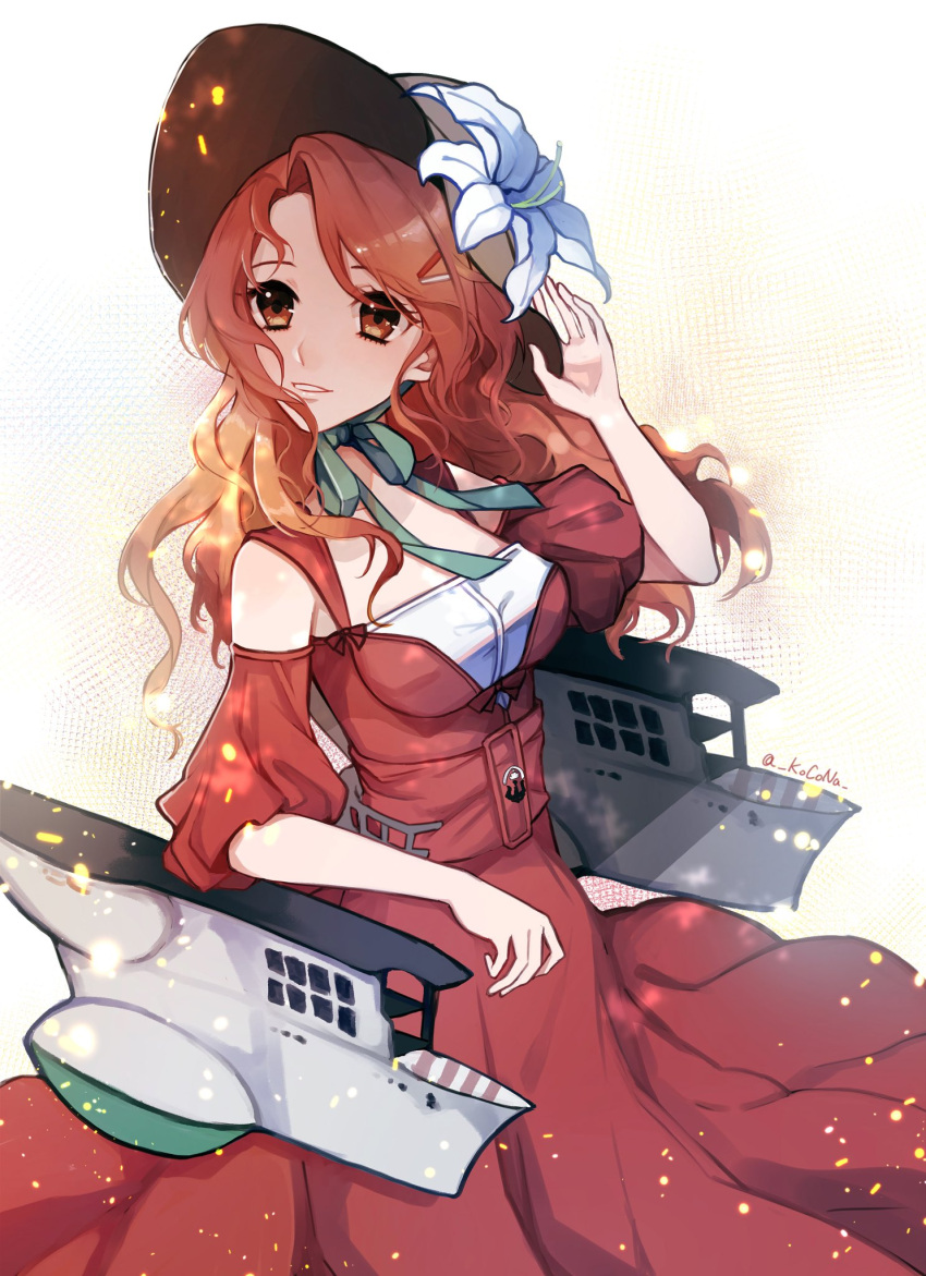 1girl, alternate_costume, alternate_hairstyle, aquila_(kantai_collection), breasts, brown_eyes, brown_hat, commentary, cowboy_shot, dress, flower, green_ribbon, hair_down, hat, hat_flower, highres, kantai_collection, kocona, long_hair, looking_to_the_side, machinery, medium_breasts, orange_hair, red_dress, ribbon, solo, sun_hat, upper_body, wavy_hair, white_background, white_flower