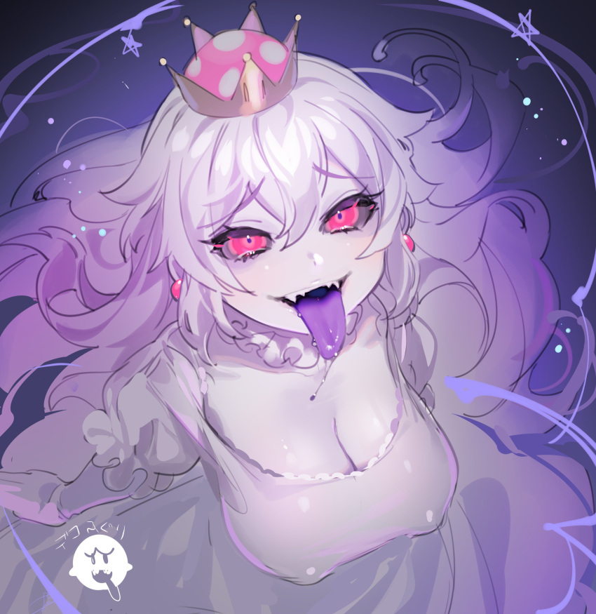1girl, :p, absurdres, bangs, black_sclera, breasts, cleavage, covered_nipples, crown, dress, eyebrows_visible_through_hair, fangs, genderswap, genderswap_(mtf), hair_between_eyes, highres, humanization, king_boo, large_breasts, long_dress, long_hair, looking_at_viewer, super_mario_bros., nintendo, ohisashiburi, pale_skin, red_eyes, signature, silver_hair, sketch, smile, solo, spit, super_crown, super_mario_bros., tongue, tongue_out, white_dress