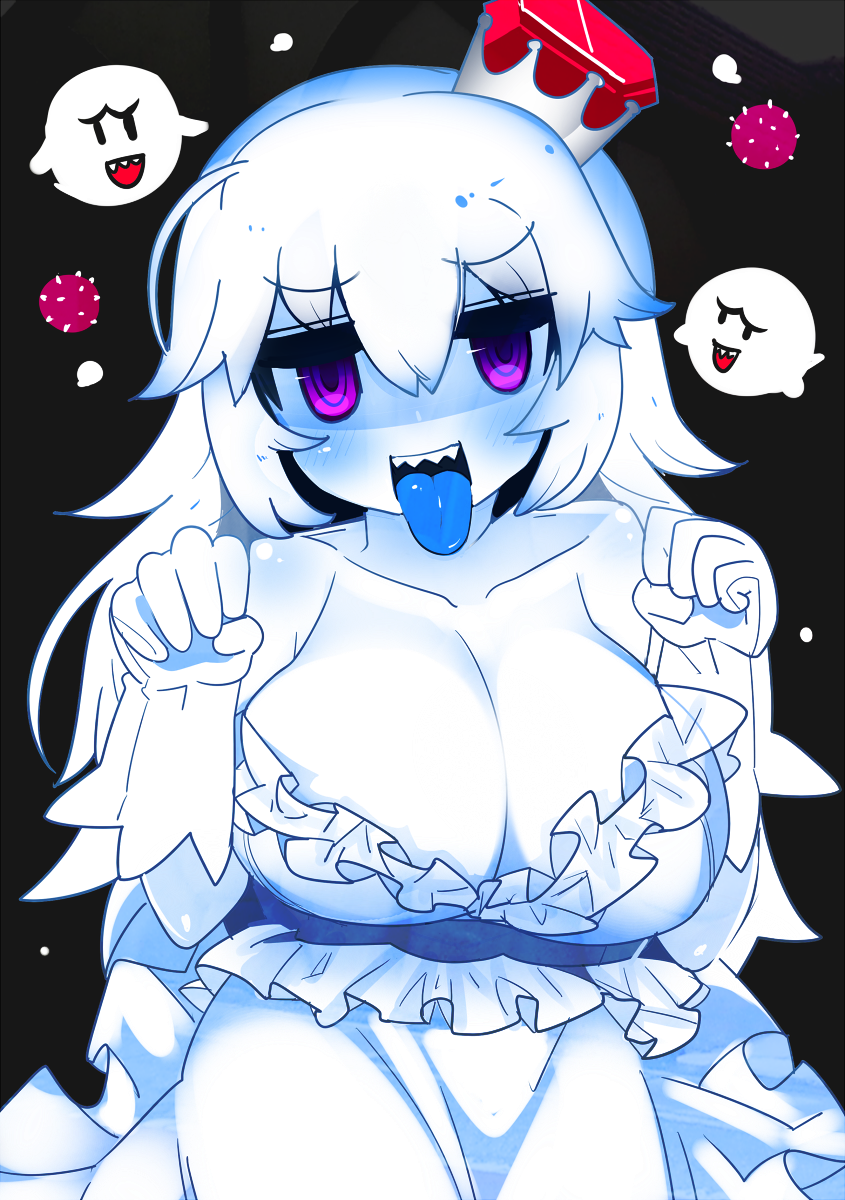 1girl, :d, bangs, bare_shoulders, black_background, blue_tongue, boo, breasts