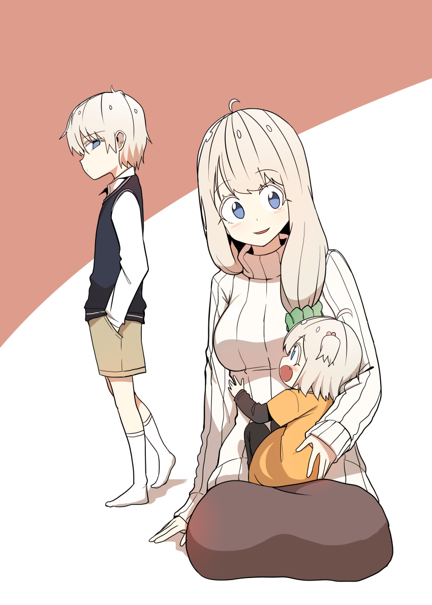 1boy, 2girls, absurdres, ahoge, blonde_hair, blue_eyes, blush, breasts, brown_skirt, bural_chingu, child, family, fang, highres, large_breasts, luke_(dydansgur), mother_and_daughter, mother_and_son, multiple_girls, open_mouth, park_no-a, park_yo-han, ribbed_sweater, shirt, shorts, side_ponytail, skirt, socks, sweater, turtleneck, turtleneck_sweater, vest, white_legwear, younger