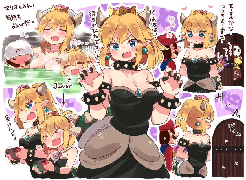 1boy, 2girls, armlet, bare_shoulders, bathing, black_dress, blonde_hair, blue_eyes