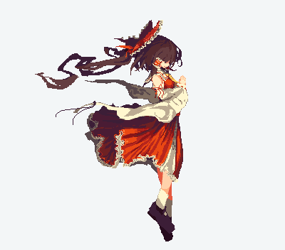 ascot, bare_shoulders, black_footwear, bow, brown_hair, detached_sleeves, frilled_bow, frilled_shirt_collar, frilled_skirt, frills, hair_bow, hair_tubes, hakurei_reimu, hands_together, long_ponytail, long_sleeves, lowres, mary_janes, no_eyes, petticoat, red_skirt, ribbon, ribbon-trimmed_sleeves, ribbon_trim, shirt, shoes, short_hair, simple_background, skirt, sleeveless, sleeveless_shirt, socks, tea_basira, touhou, white_background, yellow_neckwear