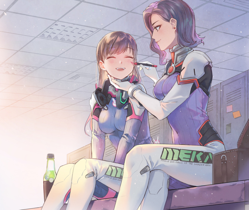 2girls, applying_makeup, bench, blush, bodysuit, bottle, breasts, brown_hair