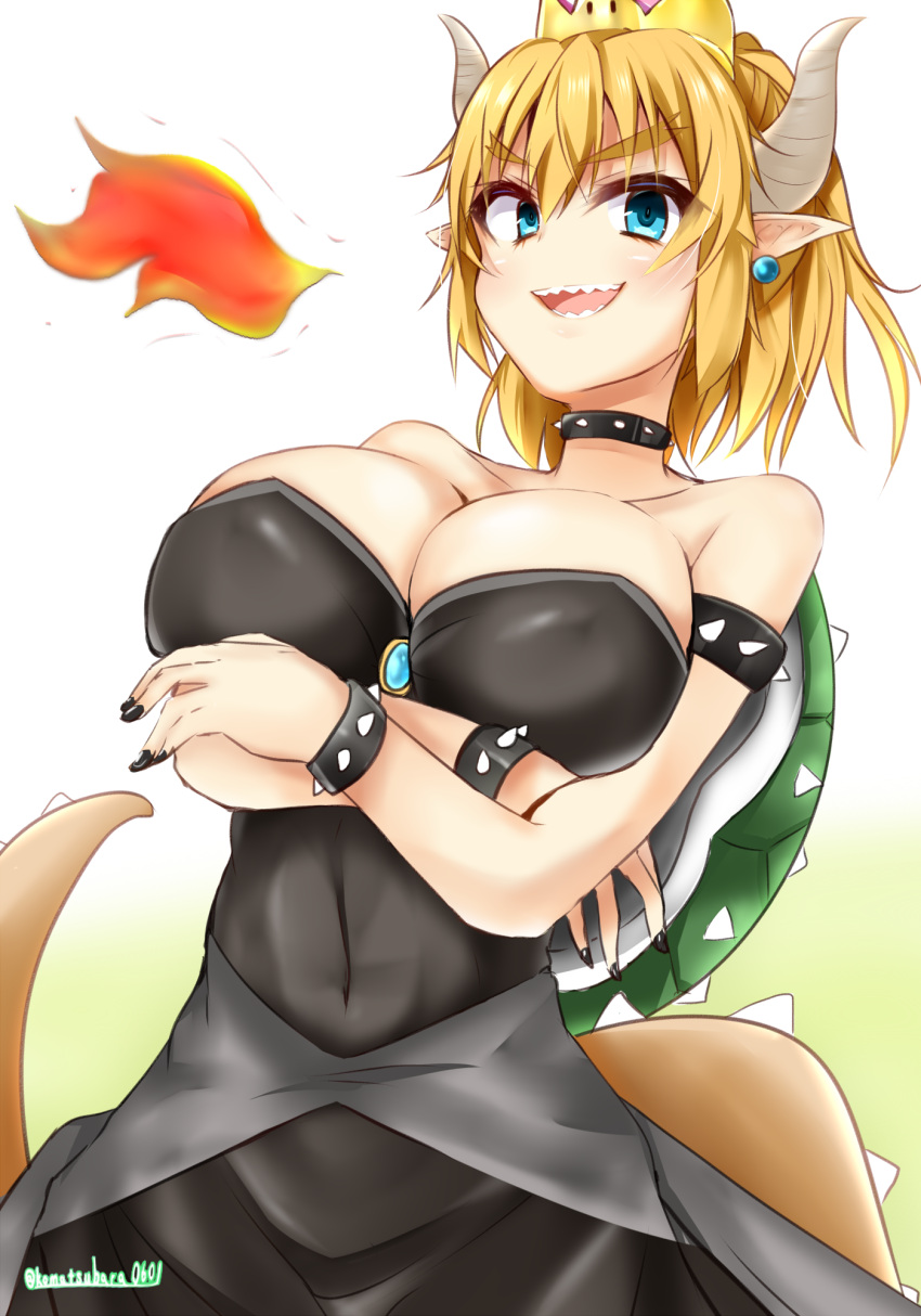 1girl, bare_shoulders, black_dress, blonde_hair, blue_eyes, bowsette, bracelet, breasts