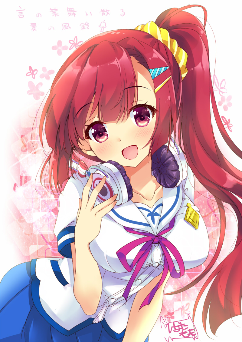 1girl, :d, bangs, blue_skirt, blush, breasts, collarbone, commentary_request