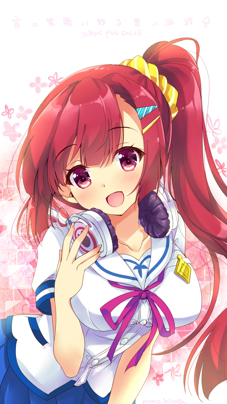 1girl, :d, bangs, blue_skirt, blush, breasts, collarbone, copyright_request