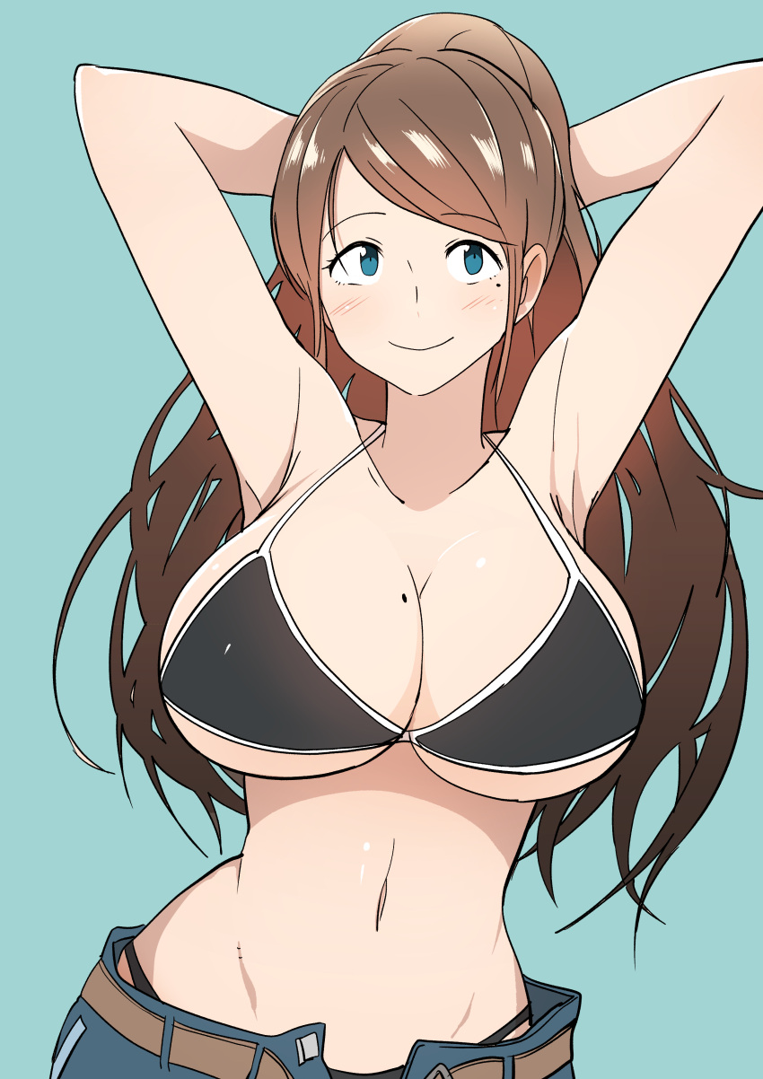 1girl, absurdres, arms_behind_head, bikini_top, blue_eyes, blush, breasts, brown_hair