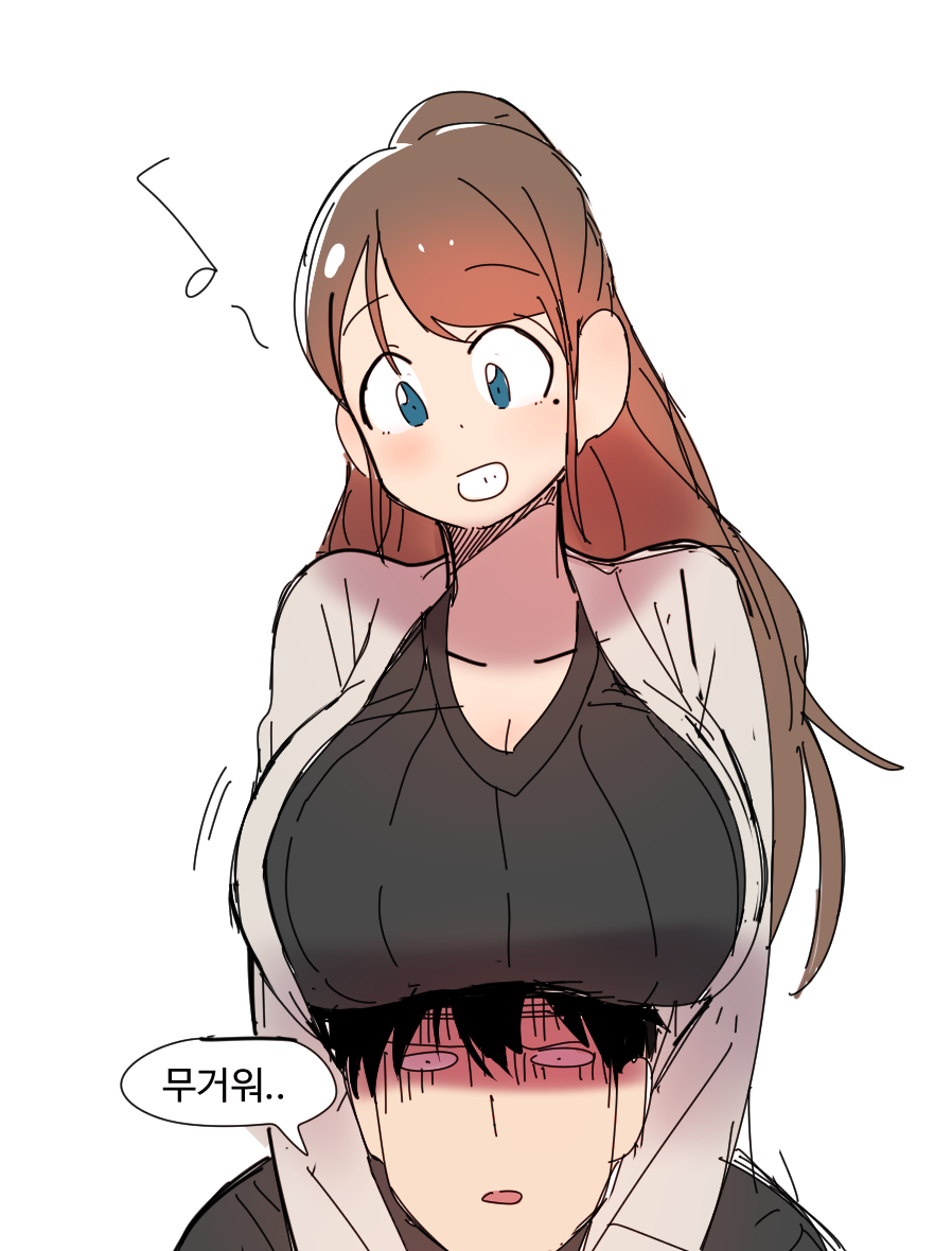 1boy, 1girl, blue_eyes, blush, breast_rest, breasts, breasts_on_head, brown_hair