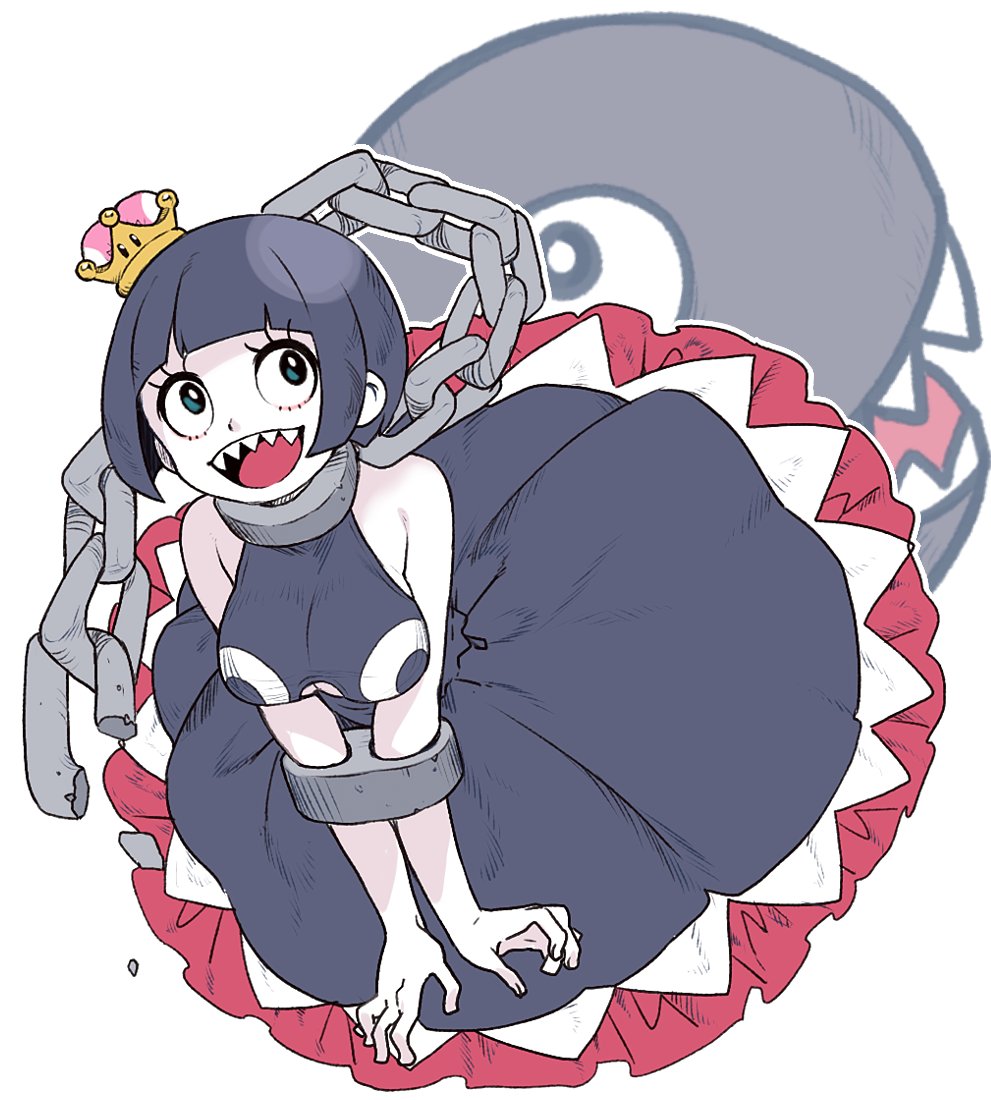 1girl, :d, black_dress, black_hair, blue_eyes, breasts, chain_chomp, chains, crown, dress, dual_persona, super_mario_bros., medium_breasts, new_super_mario_bros._u_deluxe, nintendo, open_mouth, princess_chain_chomp, princess_crown, restrained, saekiyahiro, sharp_teeth, short_hair, simple_background, sleeveless, sleeveless_dress, smile, solo, super_crown, super_mario_bros., teeth, white_background