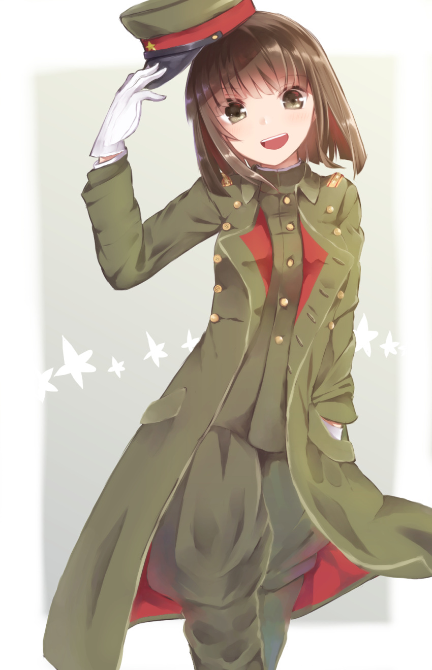 1girl, :d, bob_cut, brown_eyes, brown_hair, commentary, eyebrows_visible_through_hair, eyes_visible_through_hair