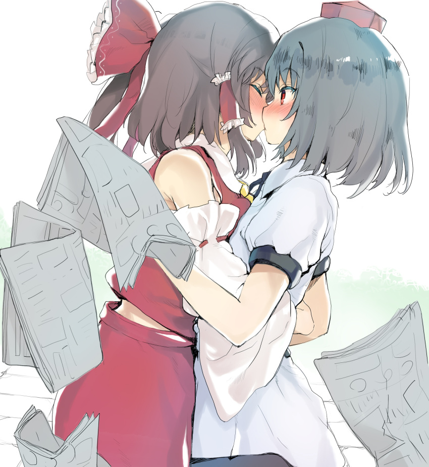 2girls, absurdres, bangs, bare_shoulders, black_hair, black_neckwear, blue_hair, blush