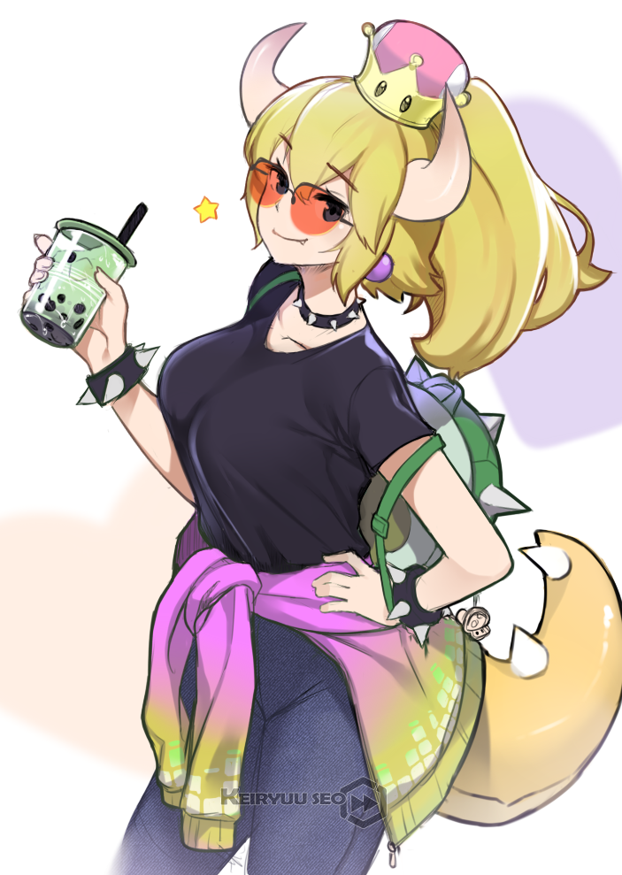 1girl, backpack, bag, blonde_hair, blue_eyes, bowsette, bracelet, breasts