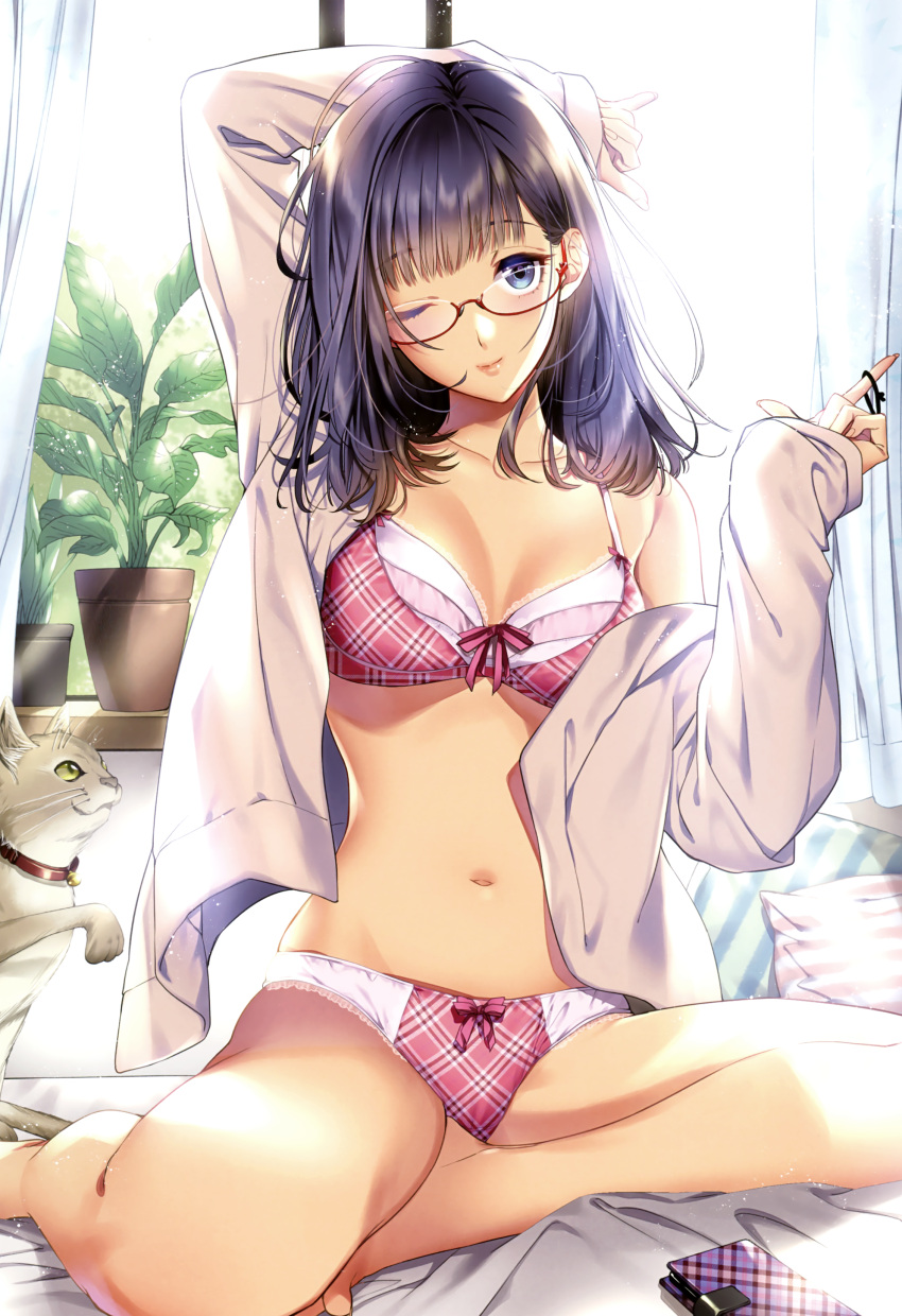 1girl, ;), absurdres, animal, arm_up, bangs, bare_legs, bare_shoulders