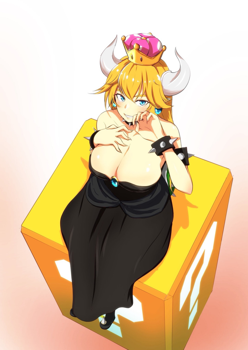 1girl, ?_block, armlet, bare_shoulders, black_dress, blonde_hair, blue_eyes, bowsette