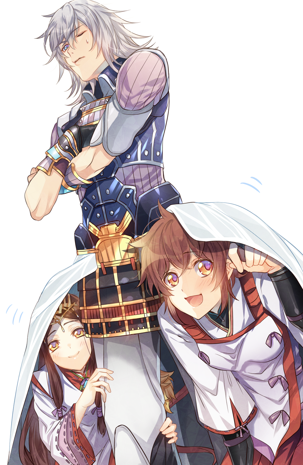 1boy, 2girls, armor, blue_eyes, brown_eyes, brown_hair, fan_la_norne, hiding, highres, japanese_clothes, kikuim0, long_hair, lora_(xenoblade_2), multiple_girls, nintendo, one_eye_closed, shin_(xenoblade), smile, sweatdrop, white_hair, xenoblade_(series), xenoblade_2, xenoblade_2:_ogon_no_kuri_ira