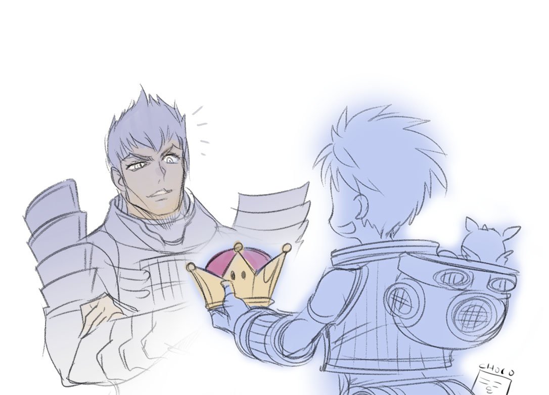 2boys, choco, crossed_arms, crown, diving_helmet, graphite_(medium), helmet, metsu_(xenoblade)