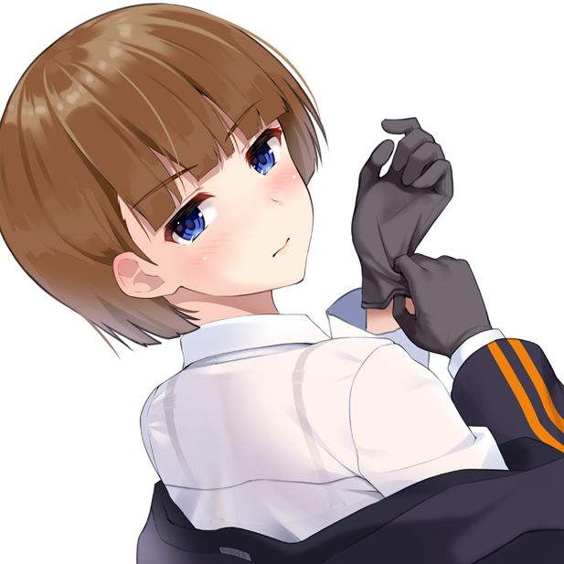 1girl, adjusting_clothes, adjusting_gloves, bangs, black_bra, black_gloves, black_jacket, blue_eyes