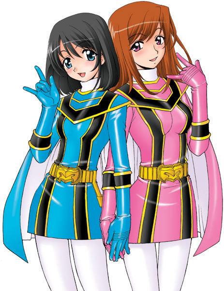 2girls, \m/, belt, black_hair, blue_eyes, bodysuit, cape, female