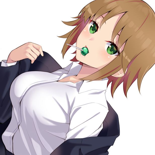 1girl, bangs, blue_jacket, blush, breasts, brown_hair, candy, collared_shirt, commentary_request, dress_shirt, face, food, green_eyes, hand_up, huyumitsu, jacket, lips, lollipop, looking_at_viewer, medium_breasts, mouth_hold, osano_rui, removing_jacket, shirt, short_hair, simple_background, solo, upper_body, white_background, white_shirt, world_trigger