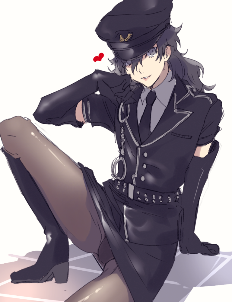 1boy, alternate_costume, amamiya_ren, arm_support, black_gloves, black_hair, black_legwear, boots