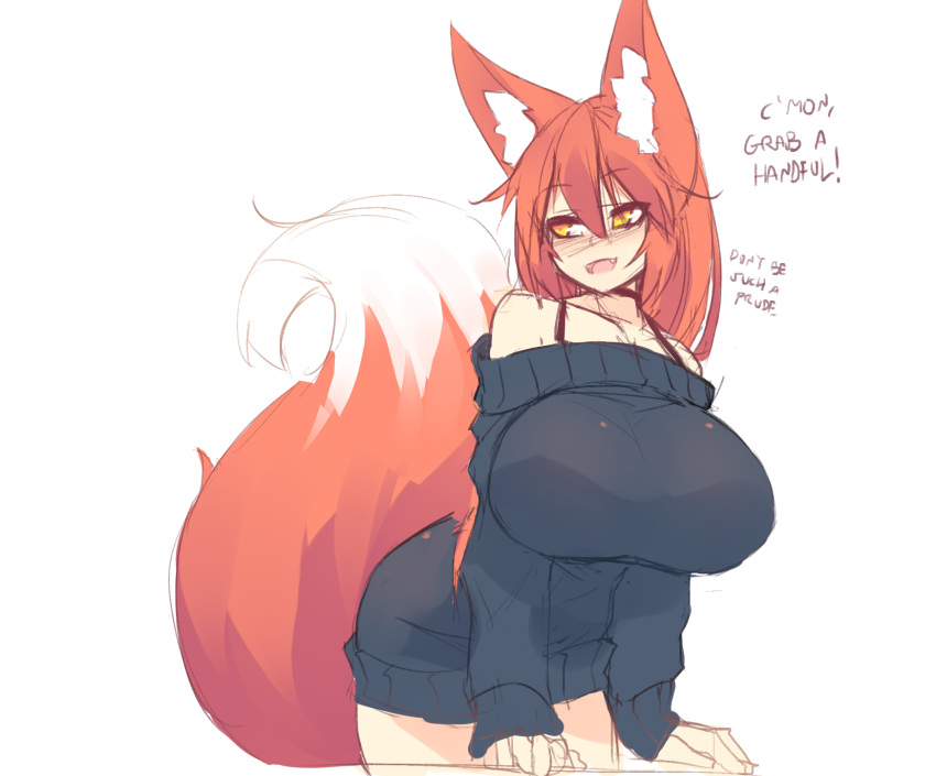 1girl, :d, animal_ear_fluff, animal_ears, bare_shoulders, black_sweater, blush, breasts