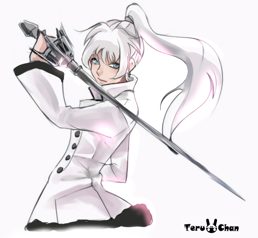 1girl, blue_eyes, closed_mouth, high_collar, highres, holding, holding_sword, holding_weapon