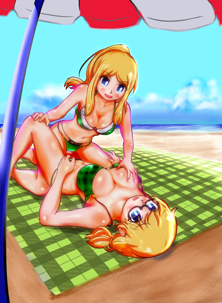 2girls, absurdres, beach, bikini, blue_eyes, breast_grab, commentary_request, glasses