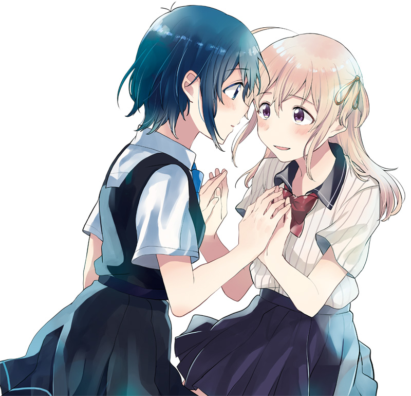 2girls, ahoge, amano_konatsu, blue_hair, blue_neckwear, blush, bow, cover_image