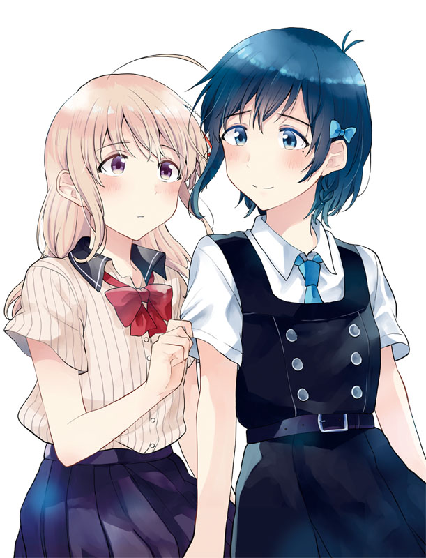 2girls, ahoge, amano_konatsu, antenna_hair, blue_bow, blue_eyes, blue_hair, blue_neckwear
