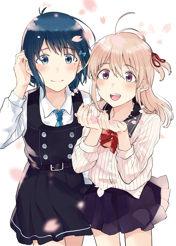 2girls, :d, amano_konatsu, antenna_hair, belt, blue_bow, blue_hair, blue_neckwear