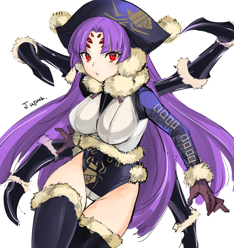 1girl, bangs, black_legwear, breasts, brown_gloves, extra_eyes, fur_trim, gloves
