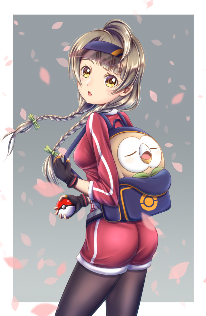 1girl, backpack, bag, black_gloves, black_legwear, bow, braid, breasts