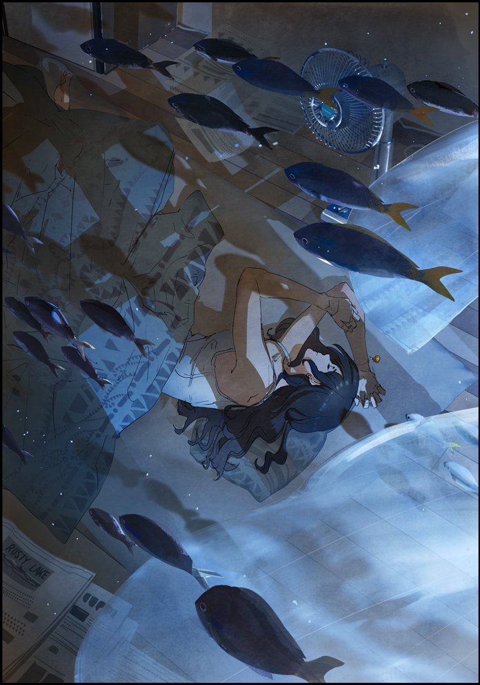1girl, black_hair, blanket, closed_eyes, closed_mouth, electric_fan, fish, indoors
