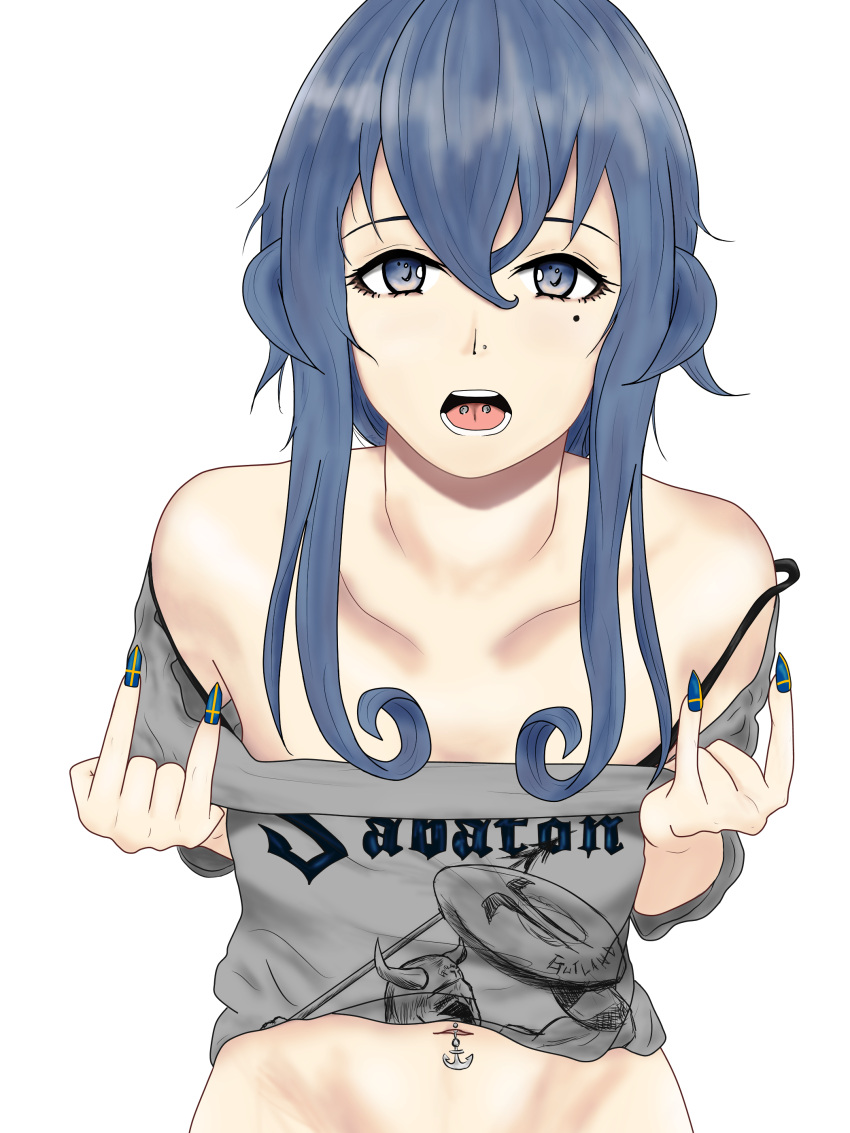 1boy, 1girl, \m/, absurdres, blue_eyes, blue_hair, commentary, gotland_(kantai_collection)