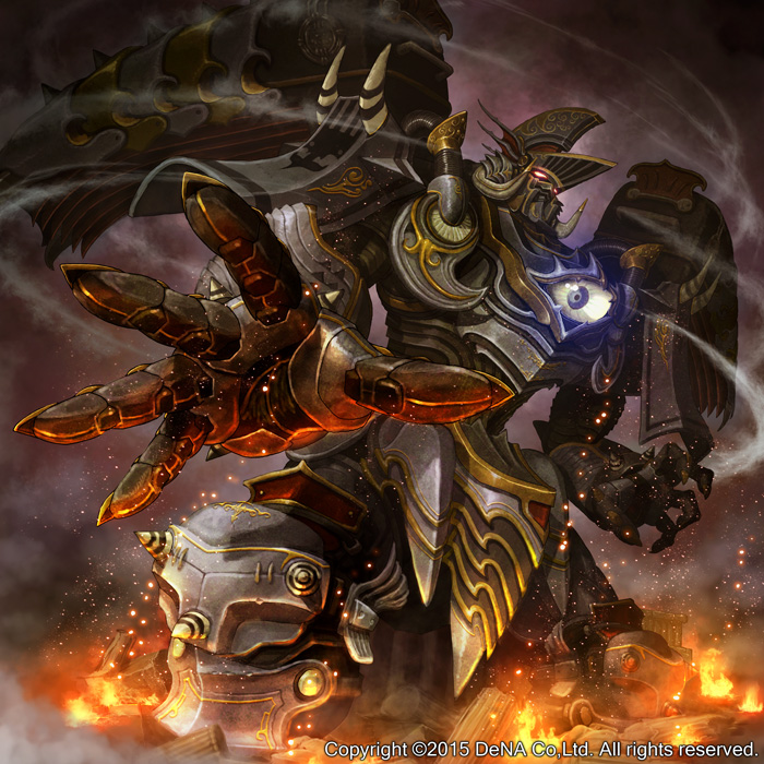 akio_(artist), armor, fire, giant, glowing, glowing_eyes, grey_sky, hands, mecha, no_humans, official_art, othellonia, outdoors, robot, smoke, standing, watermark, wind