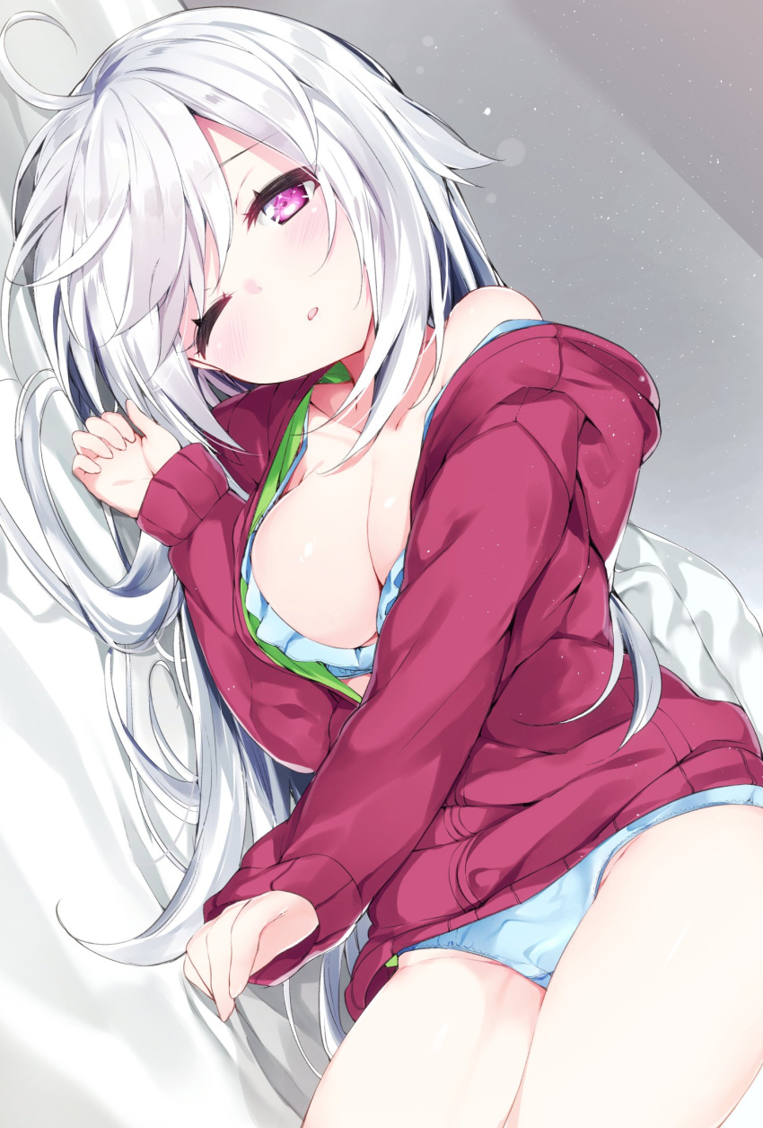 1girl, ahoge, bangs, blue_bra, blue_panties, blush, bra, breasts