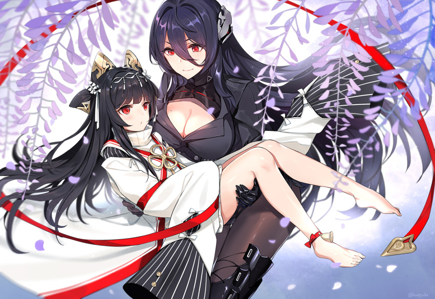 2girls, alisa_(iron_saga), ankle_bell, bangs, barefoot, bell, black_hair, black_legwear, blush, breasts, carrying, catsizuru, cleavage, closed_mouth, eyebrows_visible_through_hair, fingerless_gloves, gloves, hair_between_eyes, hair_ornament, hair_ribbon, headgear, iron_saga, japanese_clothes, jingle_bell, kimono, large_breasts, long_hair, long_sleeves, looking_at_another, mole, mole_on_breast, multiple_girls, oboro_(jidong_zhandui), pantyhose, parted_lips, princess_carry, red_eyes, ribbon, short_kimono, sidelocks, sleeves_past_wrists, smile, very_long_hair, wide_sleeves