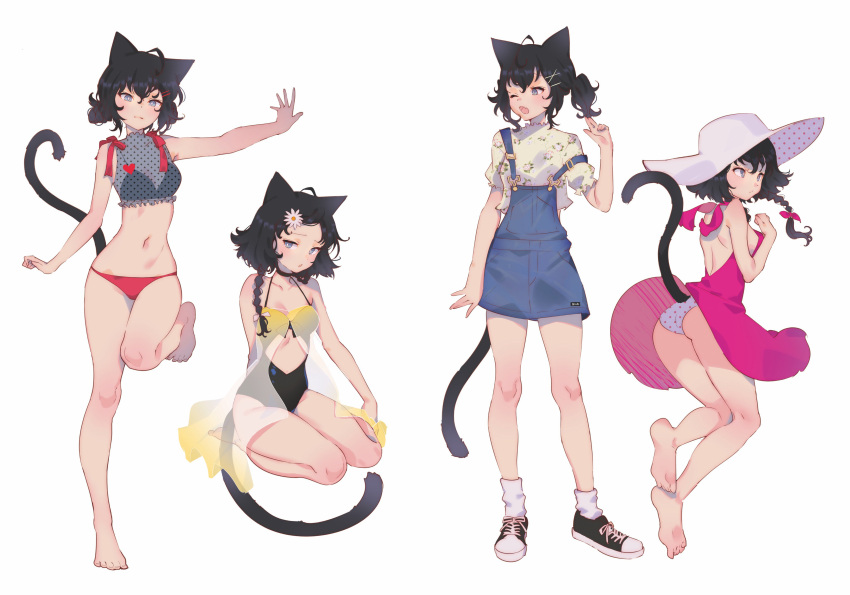 absurdres, animal_ears, arutera, black_bra, black_hair, blue_eyes, bra, braid, breasts, cat_ears, cat_tail, choker, cleavage, crop_top, double_bun, dress, finger_gun, floral_print, flower, hair_flower, hair_ornament, hair_ribbon, hairpin, halterneck, hat, highres, kneeling, leg_grab, leotard, looking_at_viewer, looking_to_the_side, messy_hair, one_eye_closed, original, outstretched_arm, overall_dress, panties, pink_dress, polka_dot, polka_dot_panties, ponytail, red_panties, ribbon, see-through, shoes, short_hair, sideboob, single_braid, sneakers, socks, standing, standing_on_one_leg, sun_hat, tail, underwear, upskirt, white_panties