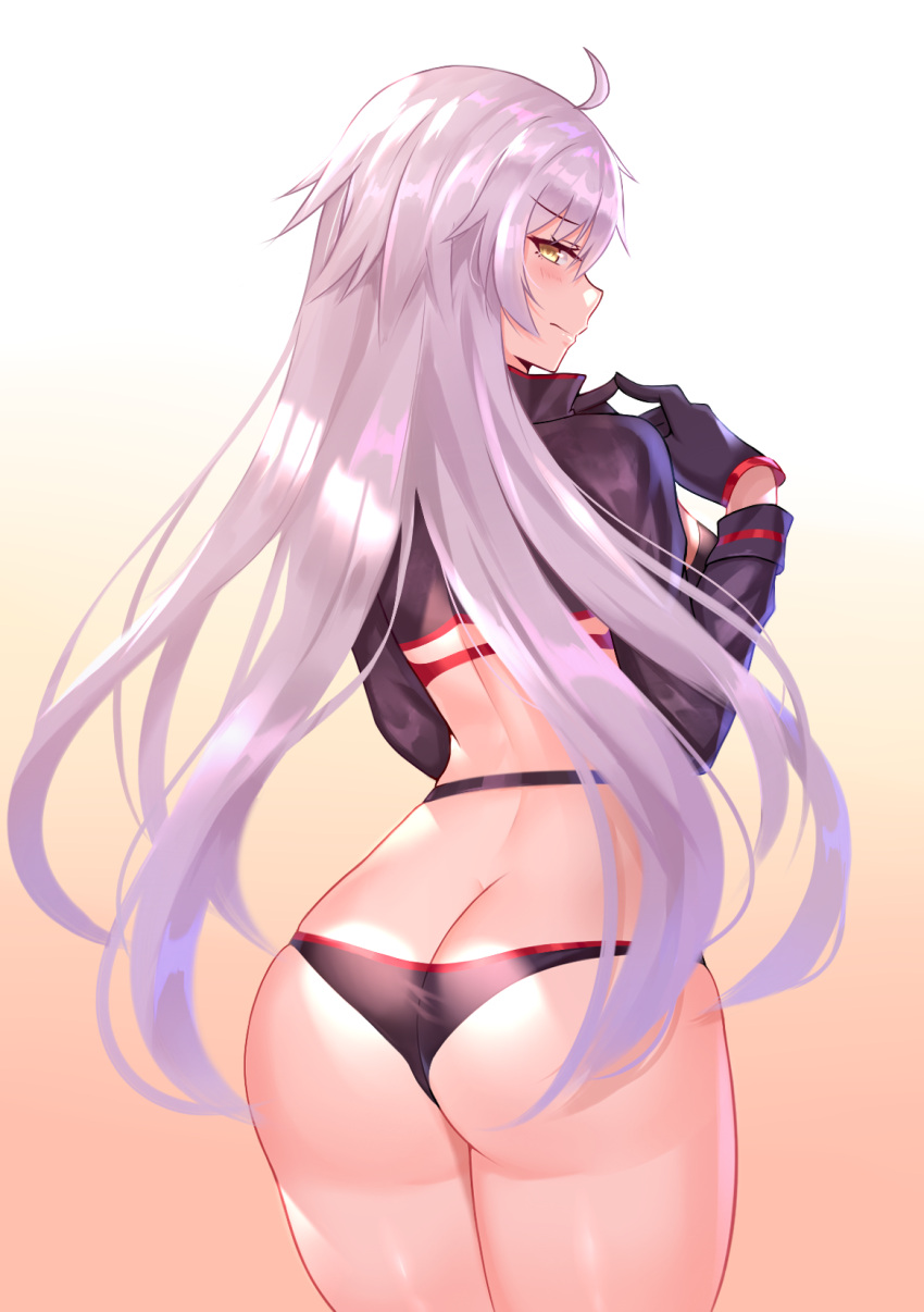 1girl, ahoge, ass, bangs, bikini, black_bikini, black_fire_(peter02713), black_gloves