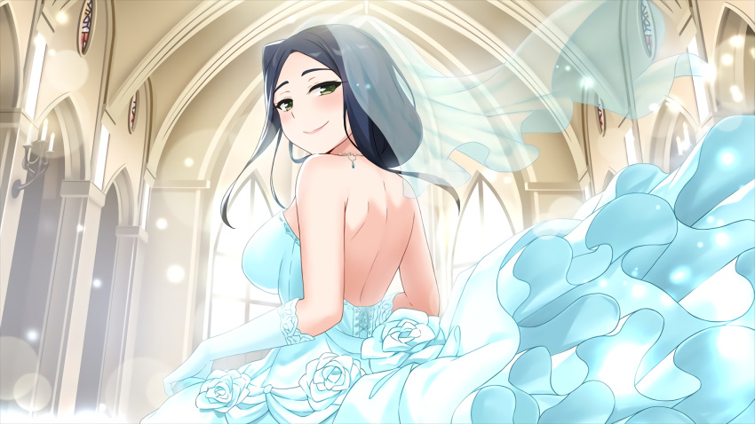 birthday, blue_dress, blush, dress, green_eyes, happy_birthday, highres, izo_fuma, lily_fuma, looking_at_viewer, looking_back, moe!_ninja_girls, smile, uprezzed, wedding