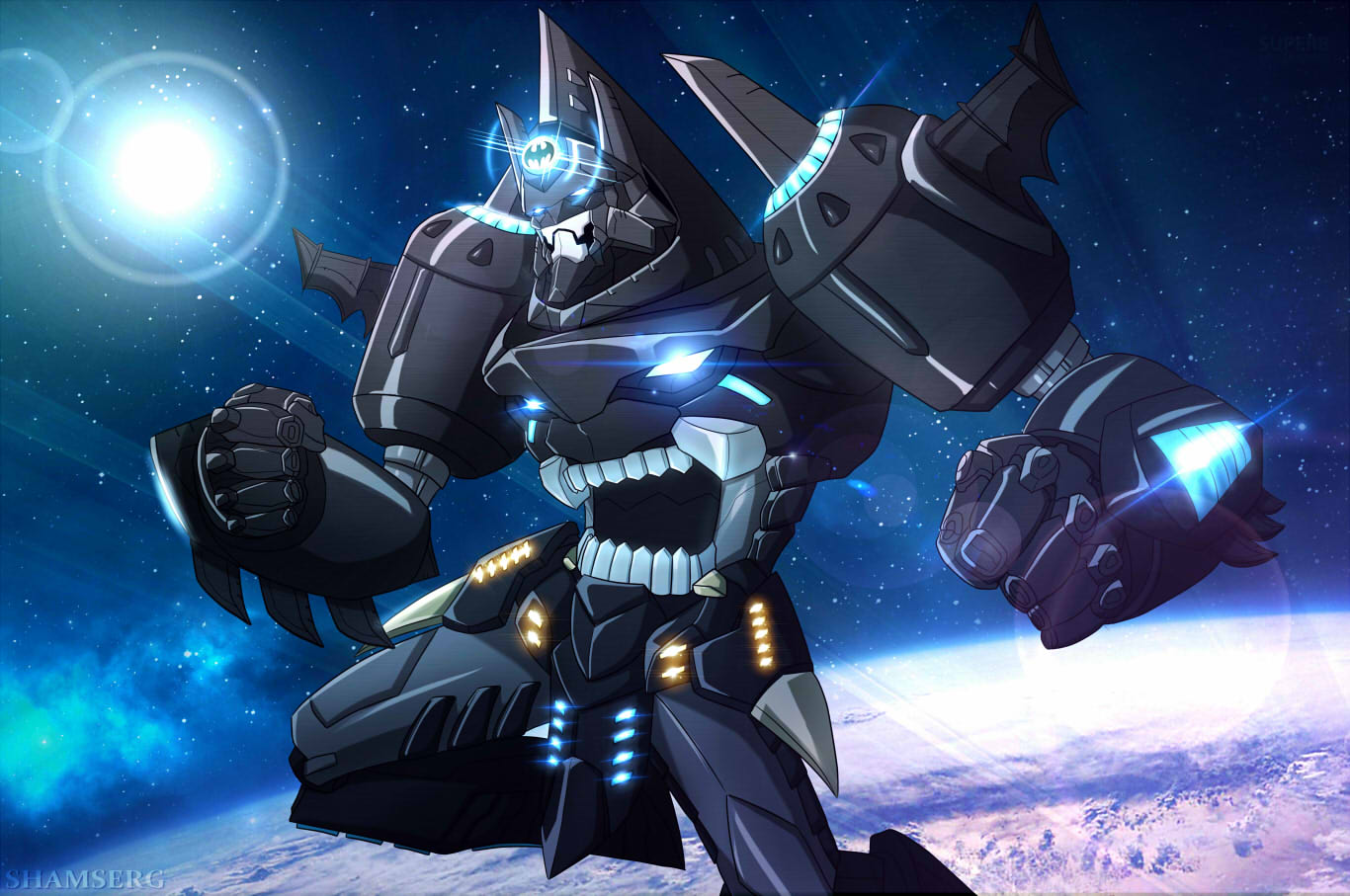 arc_gurren-lagann, batman, batman_(series), blue_eyes, crossover, dc_comics, earth, glowing