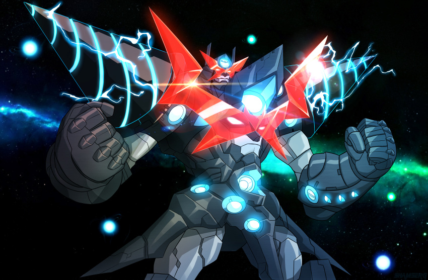 absurdres, batman, batman_(series), blue_eyes, chouginga_gurren-lagann, crossover, dc_comics, drill, glowing, glowing_eyes, highres, insignia, mecha, no_humans, robot, shamserg, shoulder_armor, space, super_robot, tengen_toppa_gurren_lagann, visor
