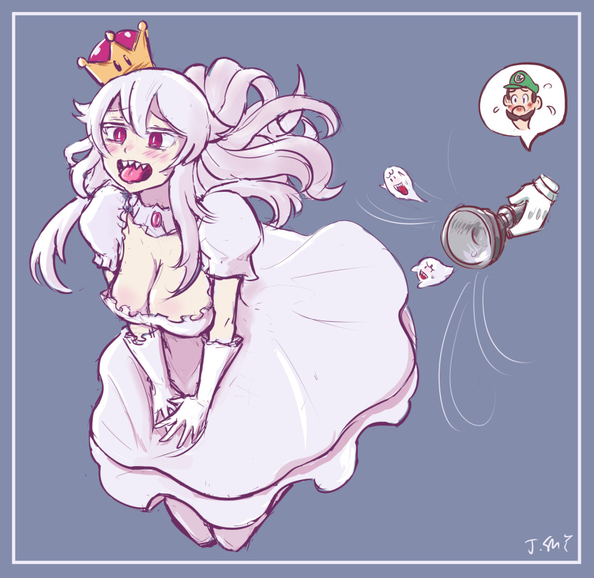 1boy, 1girl, blush, boo, breasts, cleavage, dress, gloves, highres, jii3, long_hair, luigi, luigi's_mansion, super_mario_bros., new_super_mario_bros._u_deluxe, nintendo, princess_king_boo, red_eyes, sharp_teeth, super_crown, teeth