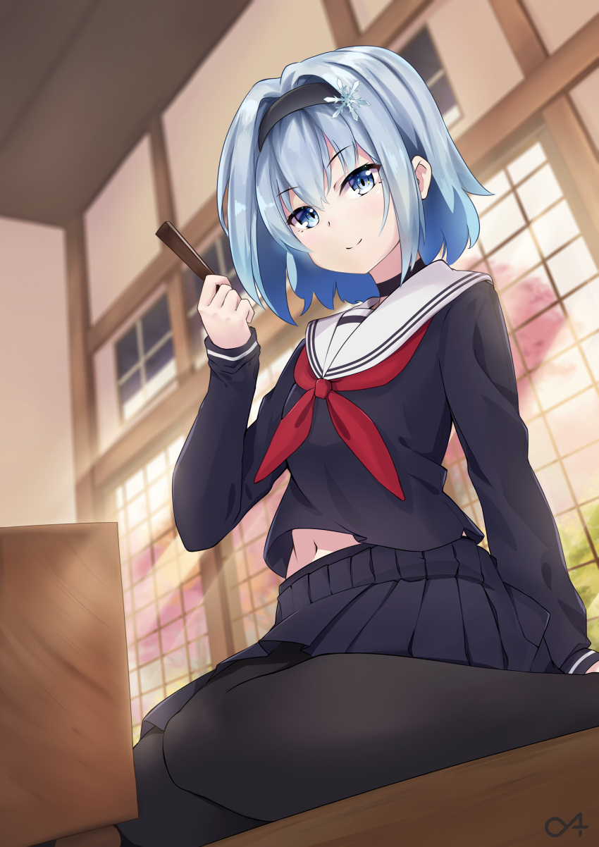 1girl, absurdres, alphaarietis, bangs, black_choker, black_hairband, black_legwear, black_serafuku