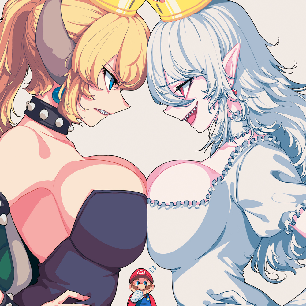 2girls, bare_shoulders, black_dress, blonde_hair, blue_eyes, blush, borrowed_character, bowsette