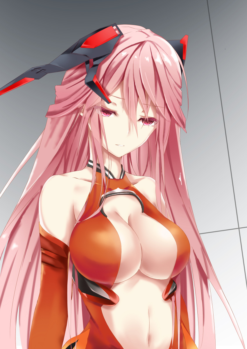 1girl, absurdres, arms_at_sides, bare_shoulders, breasts, center_opening, cleavage, collarbone