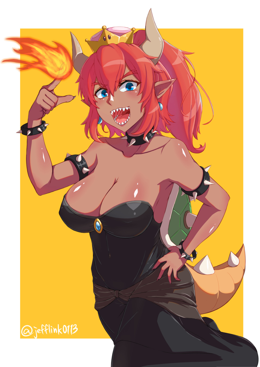 1girl, bare_shoulders, black_dress, blue_eyes, bowsette, bracelet, breasts, cleavage