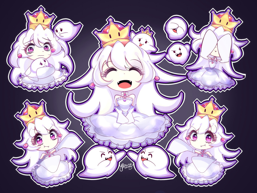 1girl, :>, :p, boo, chibi, closed_eyes, covering_face, crown